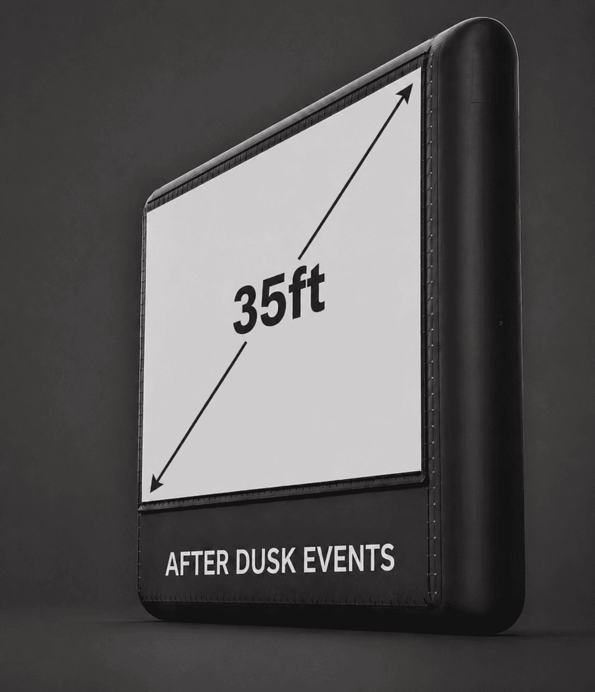 After Dusk Events 35 foot AIRSCREEN outdoor cinema screen with the company name on the base, diagonal arrow showing the 35 ft span